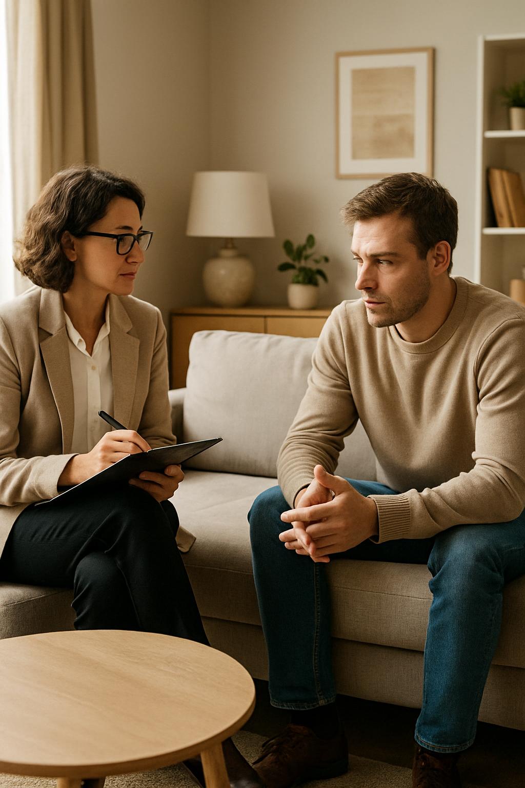 counselling session between a therapist and an individual in a calm, comfortable environment