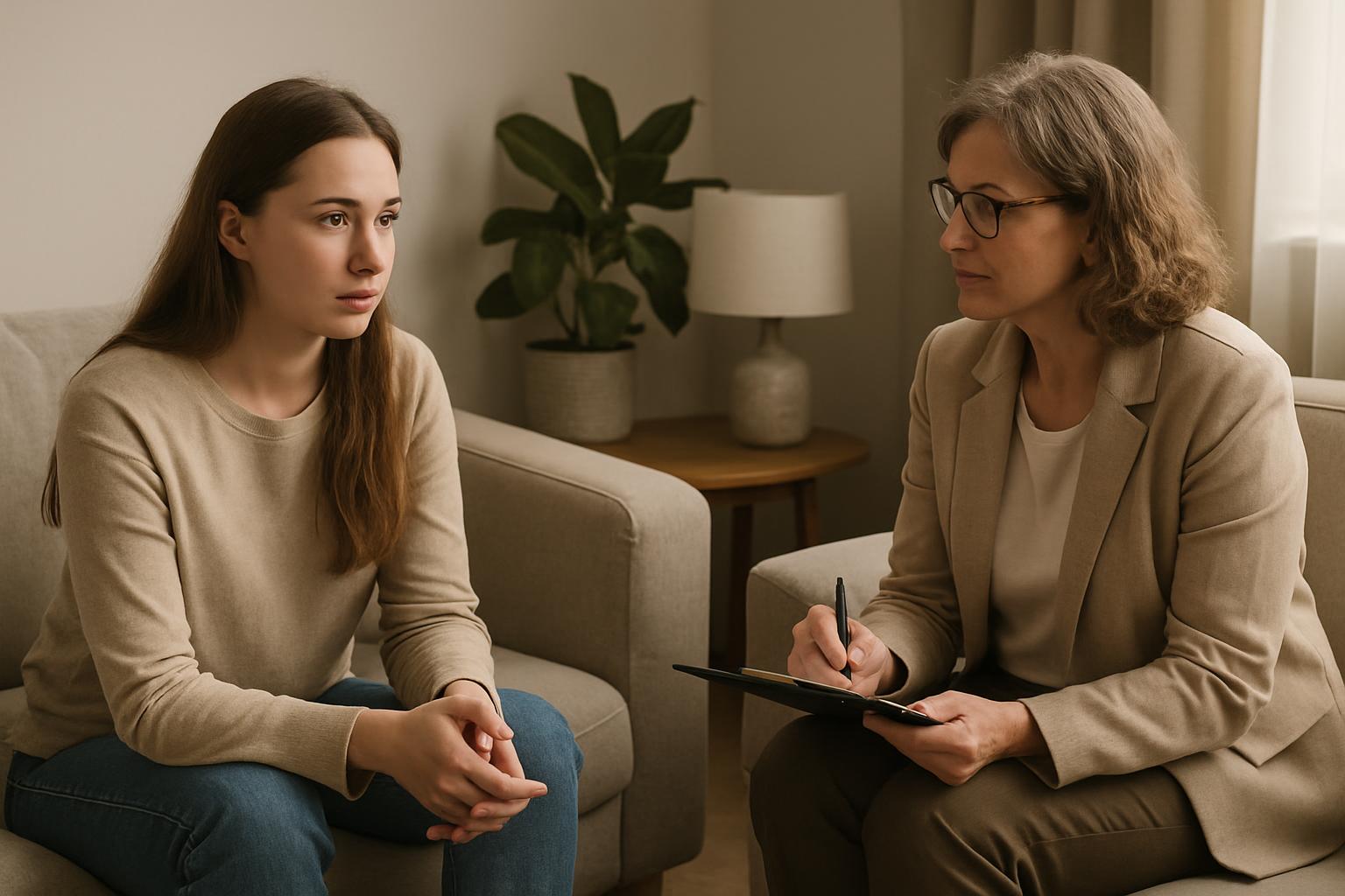 A woman, seated in a beige armchair, is engaged in a conversation with a professional, who is dressed in professional atti...